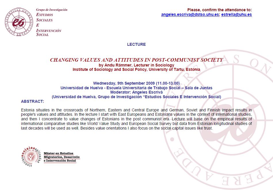 9 Septiembre de 2009 - LECTURE CHANGING VALUES AND ATTITUDES IN POST-COMMUNIST SOCIETY